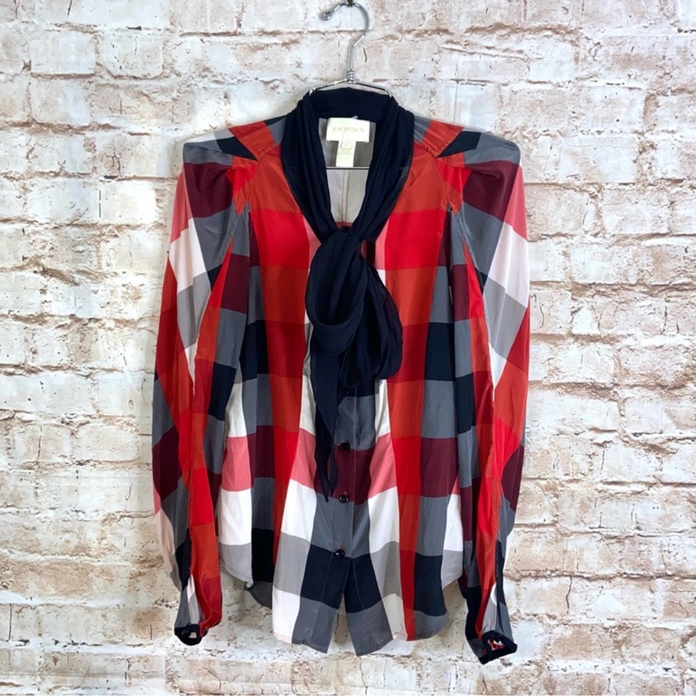 Zac Posen Plaid Silk Bow Blouse Size 4